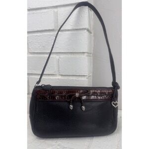 BRIGHTON Black Pebbled Leather‎ Mini Shoulder Bag Croc Trim Silver Heart Charm